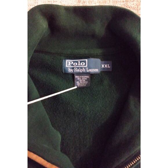 Polo Ralph Lauren Mens XXL Green 1/4 Zip Leather Pull Sweater Red Horse Pockets - Picture 3 of 11